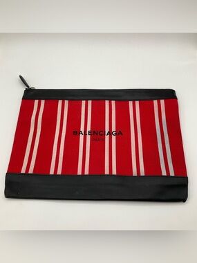 Balenciaga Navy Clip Clutch Pouch Bag Red Striped Canvas Black Leather